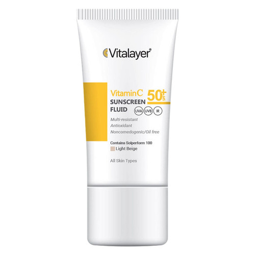 فلوئید ضدآفتاب رنگی ویتالیر، 50 SPF، مدل Vitamin C، مناسب انواع پوست تنالیته رنگ متوسط و حجم 50 میلیلیتر، ضد آب، محافظت کننده در برابر اشعه UVA، UVB، IR، آنتیاکسیدان، فاقد چربی و پارابن، ضد لک، آبرسان، دارای فرمولاسیون غیرکومدونزا، با ماندگاری 2 ساعته