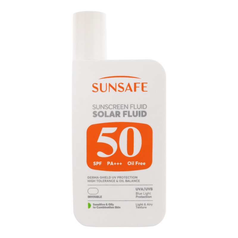 فلوئید ضد آفتاب بی‌رنگ صورت و بدن سان سیف SPF 50 مدل Solar ‌محافظ در برابر اشعه UVA و UVB مناسب برای پوست حساس و چرب حجم 50 میلی‌لیتر
