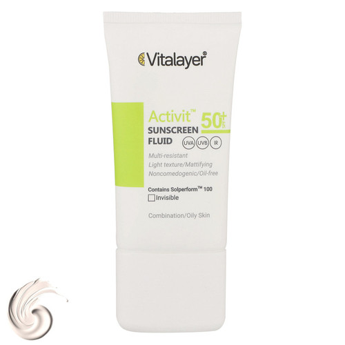 فلوئید ضدآفتاب بیرنگ ویتالیر SPF50 مدل Activit، مناسب پوستهای مختلط و چرب، حجم 50 میلیلیتر