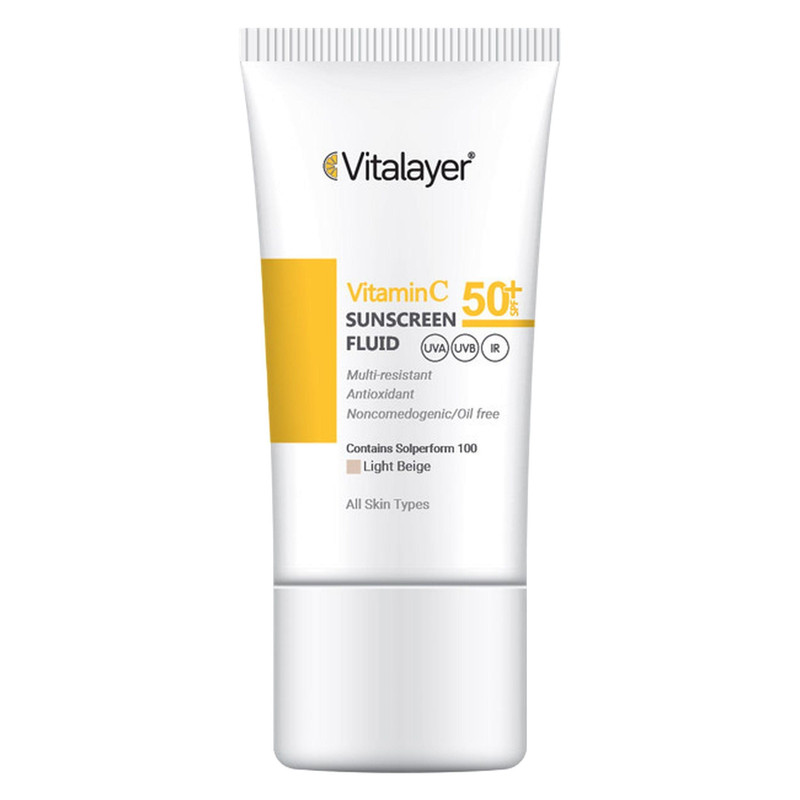 فلوئید ضدآفتاب رنگی ویتالیر، 50 SPF، مدل Vitamin C، مناسب انواع پوست تنالیته رنگ متوسط و حجم 50 میلی‌لیتر، ضد آب، محافظت کننده در برابر اشعه UVA، UVB، IR، آنتی‌اکسیدان، فاقد چربی و پارابن، ضد لک، آبرسان، دارای فرمولاسیون غیرکومدون‌زا، با ماندگاری 2 ساعته