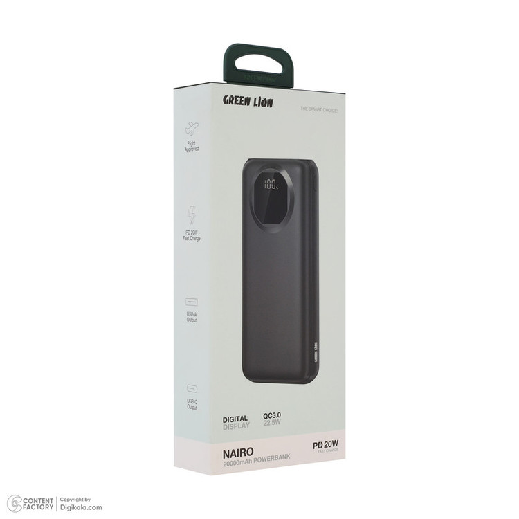 پاوربانک 22.5 وات گرین لاین مدل Nairo ظرفیت 20000 میلیآمپرساعت به همراه کابل تبدیل USB-A به USB-C