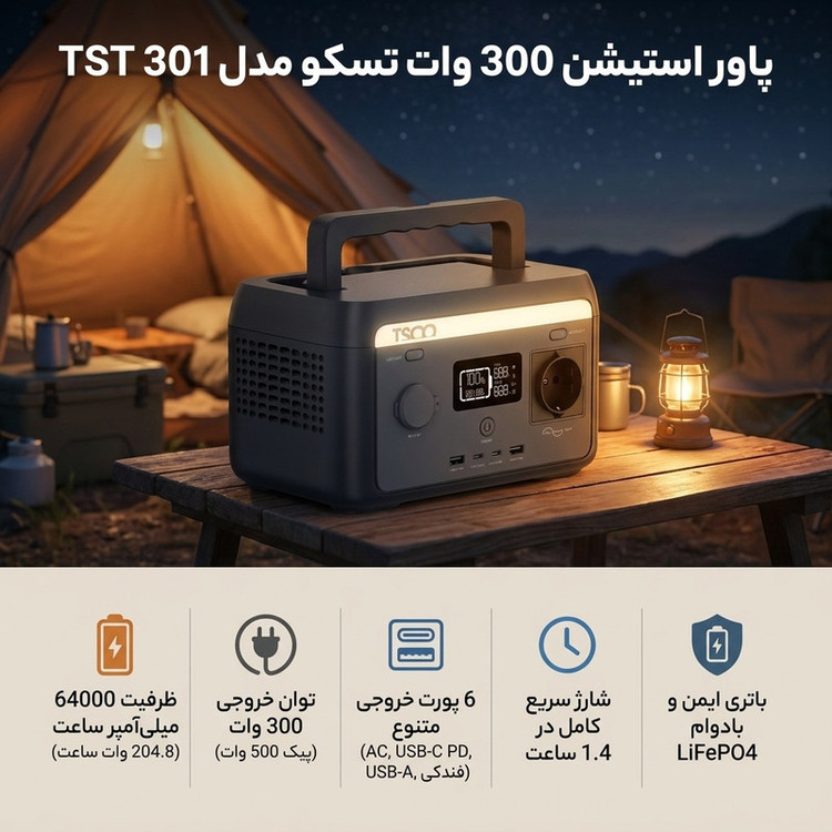 پاور استیشن 300 وات تسکو مدل TST 301 ظرفیت 64000 میلی آمپر ساعت
