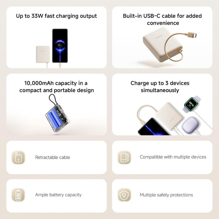پاوربانک 33 وات شیائومی مدل PB1033MI ظرفیت 10000 میلیآمپرساعت به همراه کابل USB-C