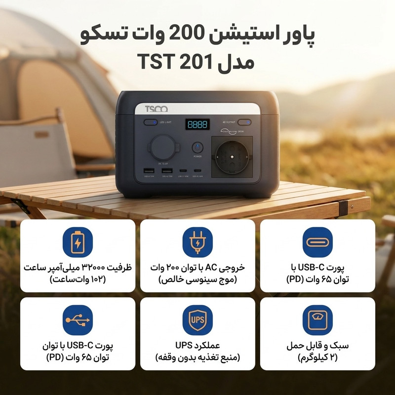 پاور استیشن 200 وات تسکو مدل TST 201 ظرفیت 32000 میلی آمپر ساعت