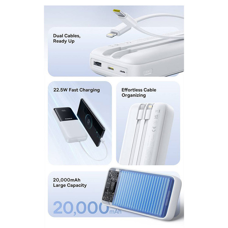 پاوربانک 22 وات بیسوس مدل LIPOW Dual ظرفیت 20000 میلیآمپرساعت به همراه کابل USB-C و لایتنینگ