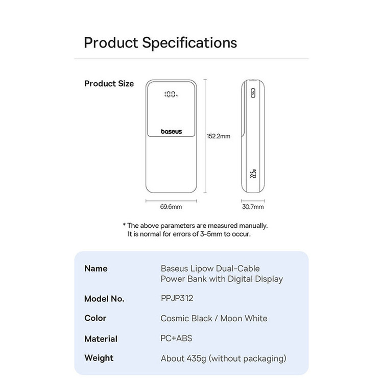 پاوربانک 22 وات بیسوس مدل LIPOW Dual ظرفیت 20000 میلیآمپرساعت به همراه کابل USB-C و لایتنینگ