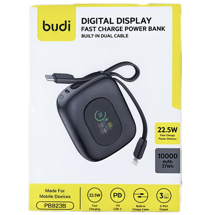 پاوربانک 22.5 وات بودی مدل PB823B ظرفیت 10000 میلیآمپرساعت به همراه 2 کابل USB-C و lightning